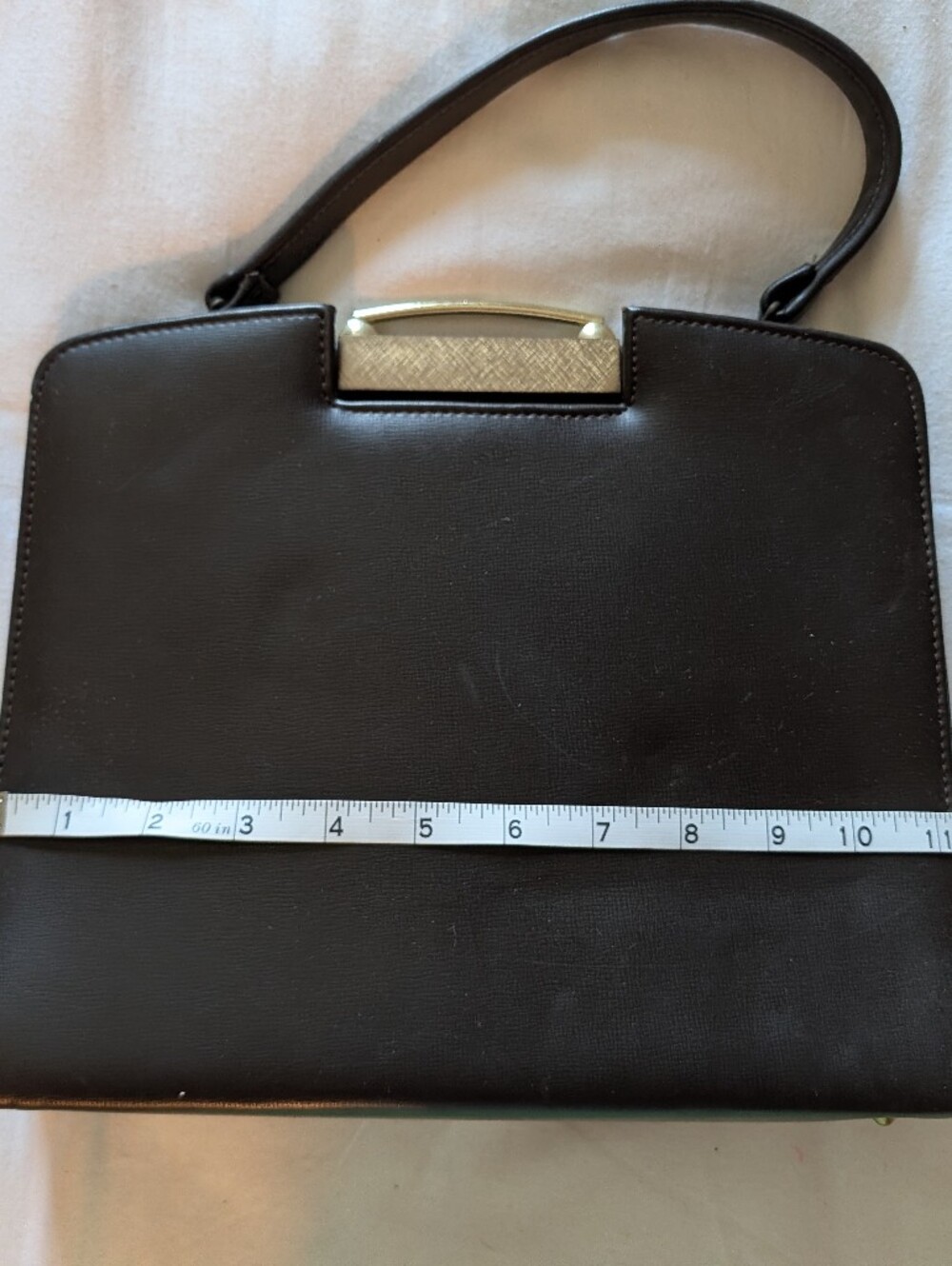 Vintage Structured Brown Top-Handle Satchel with Gold Accent - Picture 6 of 7